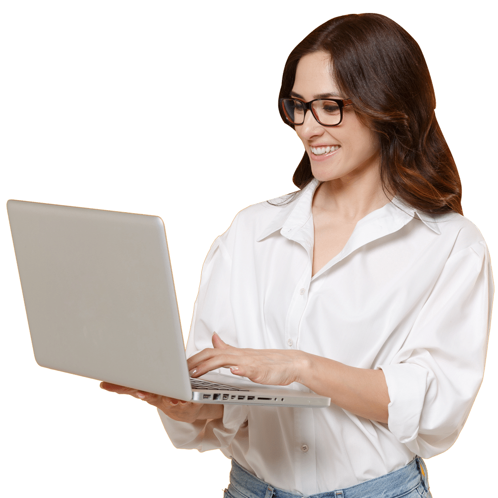 Woman in white shirt glasses blogging